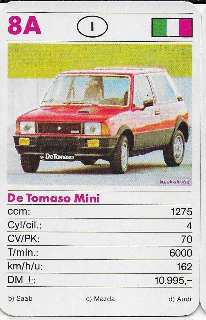 Kw4395 autokaartje 8a de tomaso mini, Ophalen of Verzenden, Zo goed als nieuw, Auto's