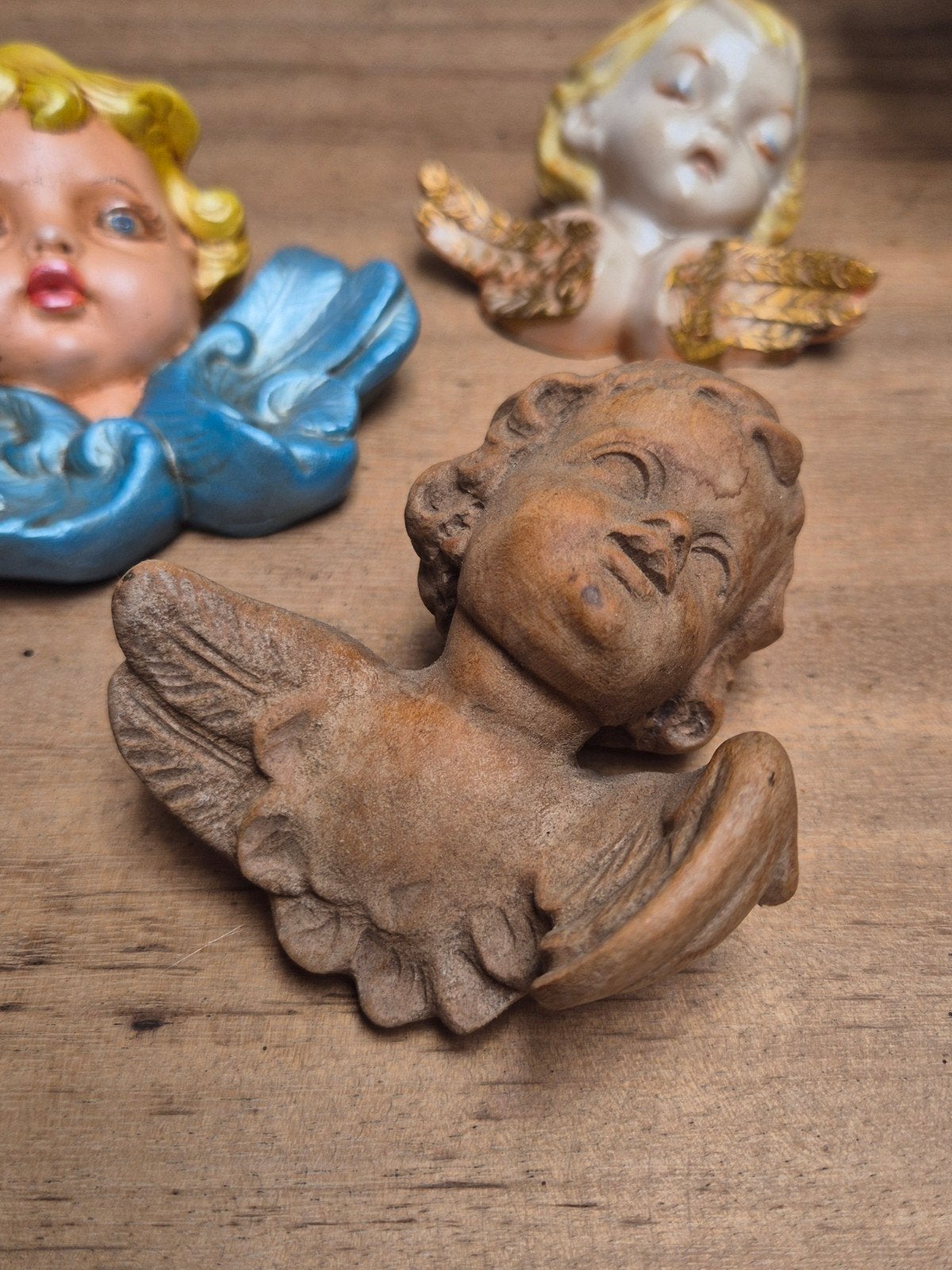 Set van 3 Vintage Engelenhoofdjes - Religieuze Decoratie, Ophalen of Verzenden, Gebruikt, Religie