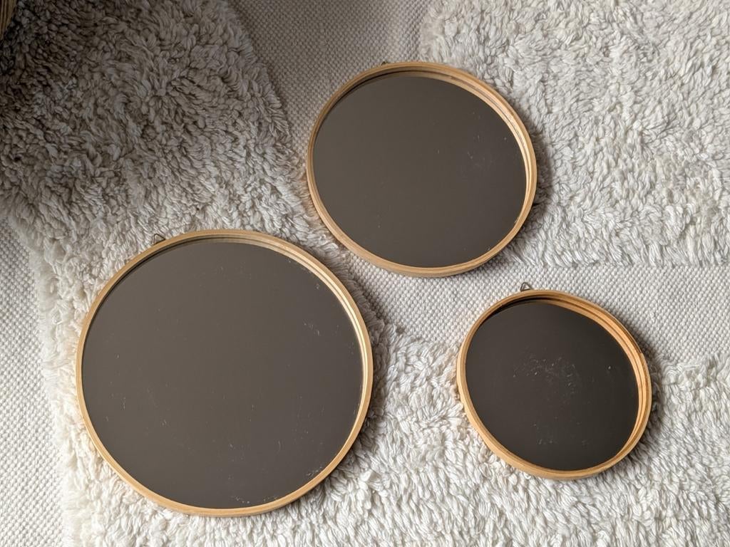 Set van 3 ronde spiegels met houten frame, Minder dan 50 cm, Rond, Ophalen of Verzenden, Zo goed als nieuw