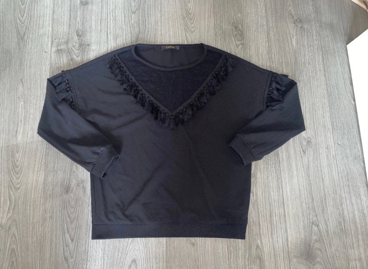 Supertrash zwarte ruffle poms kante sweater blouse mt 40, Ophalen of Verzenden, Zo goed als nieuw, Maat 38/40 (M), Zwart
