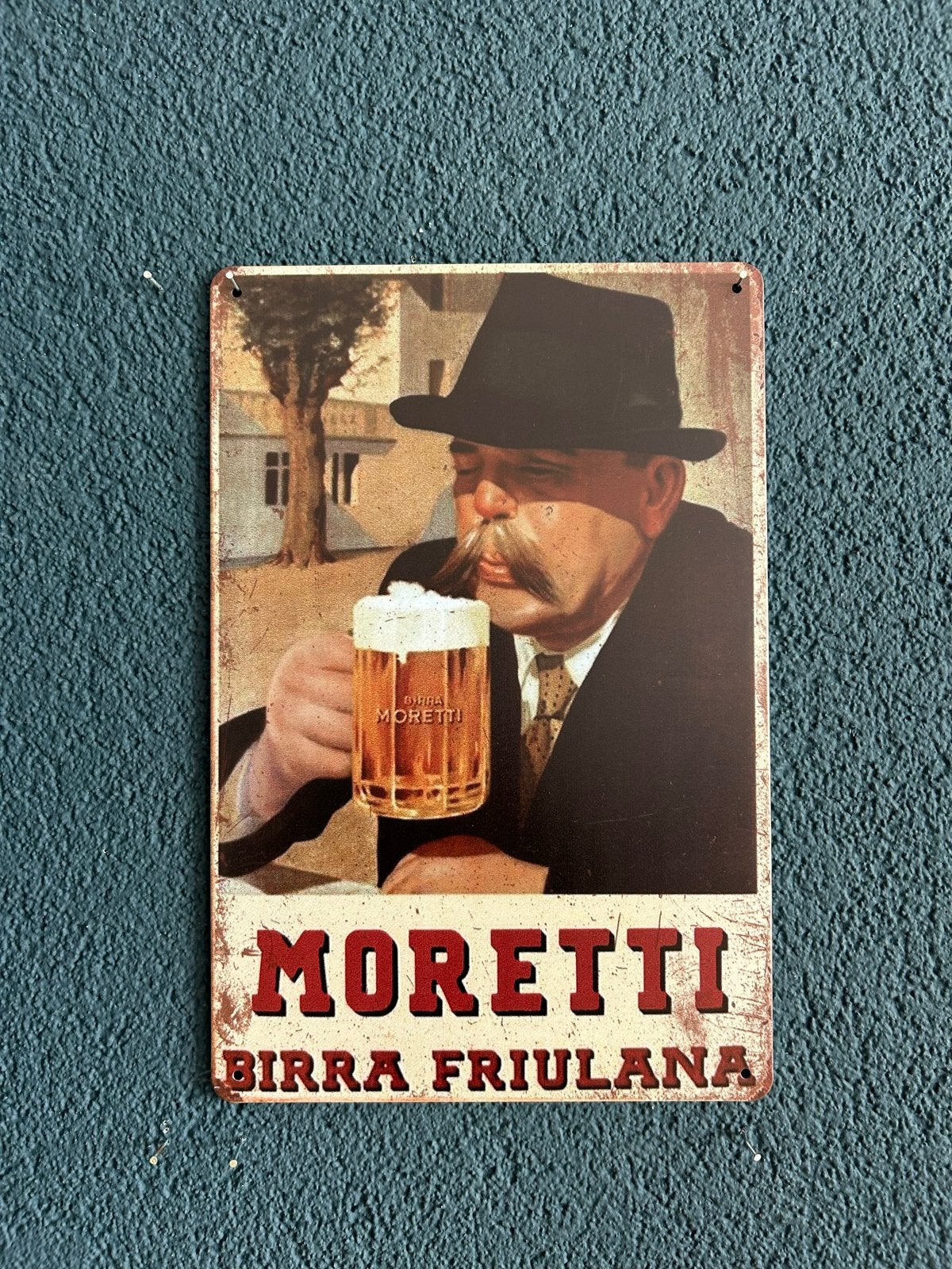 Metalen Moretti Bier Bord - Vintage Look 20x30 cm, Vintage, Meerkleurig, Ophalen of Verzenden, Zo goed als nieuw