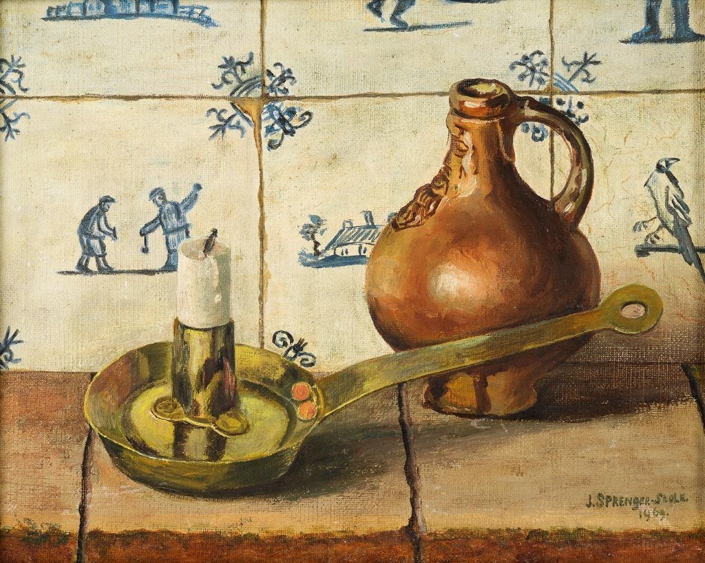 Mooie schilderij gesigneerd J. Sprenger 1969, Ophalen, Olieverf, Doek