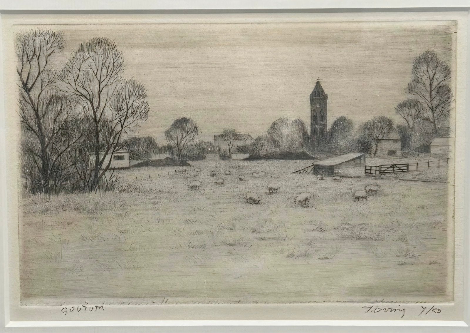 Ets Goutum - Landschap met schapen en kerktoren, Genummerd, Ophalen of Verzenden, Landschap, 1950 - 1999