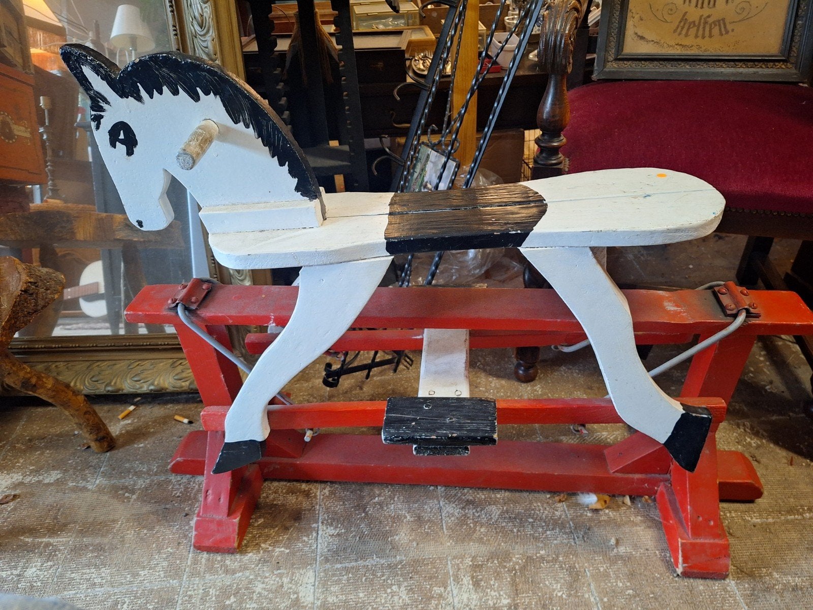 Antiek Houten Hobbelpaard - Wit met Zwart, Ophalen