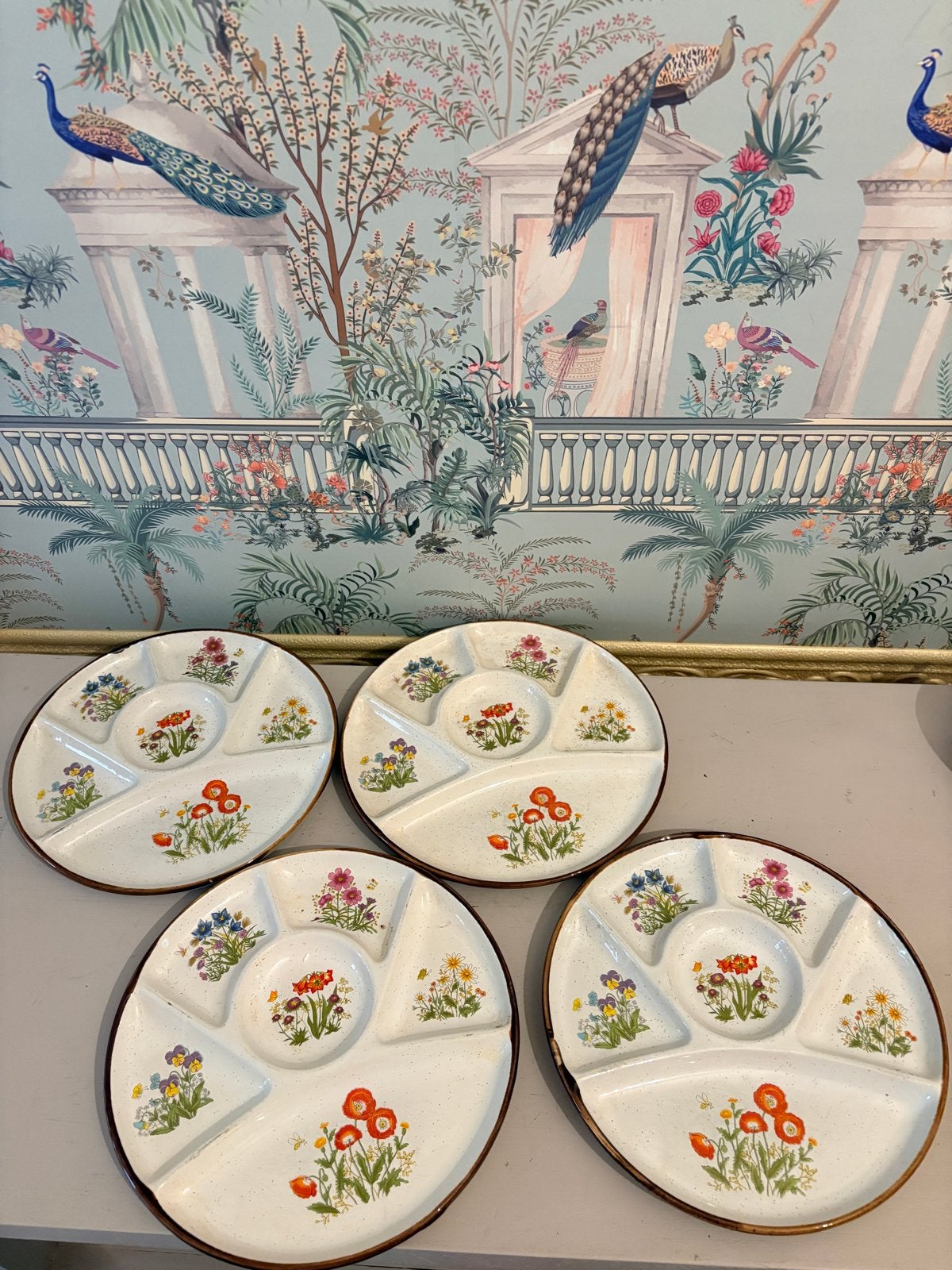 Vintage 'Wild Flower' fondueborden / gourmetborden (4 stuks), Keramiek, Vintage, Nieuw, Ophalen of Verzenden