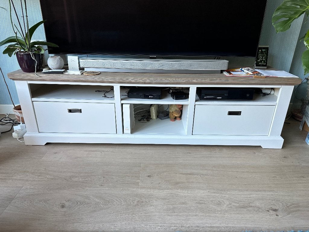 TV MEUBEL, wit met acaciahouten bovenblad, Huis en Inrichting, Ophalen, Minder dan 50 cm, Zo goed als nieuw, Wit met houten blad