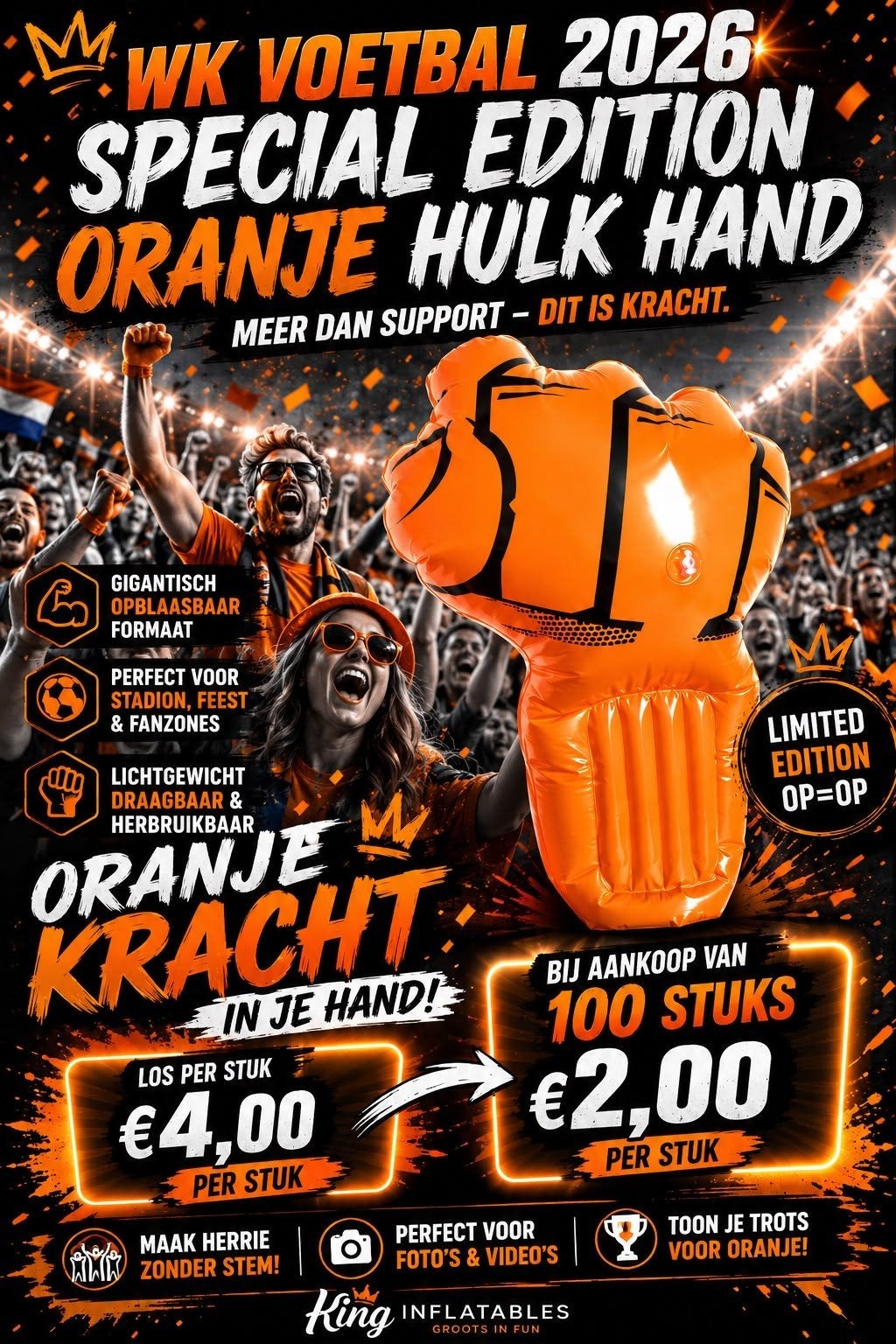 WK Voetbal 2026 Special Edition Oranje Hulk Hand, Ophalen of Verzenden, Nieuw, Feestartikel, Oranje of Koningsdag
