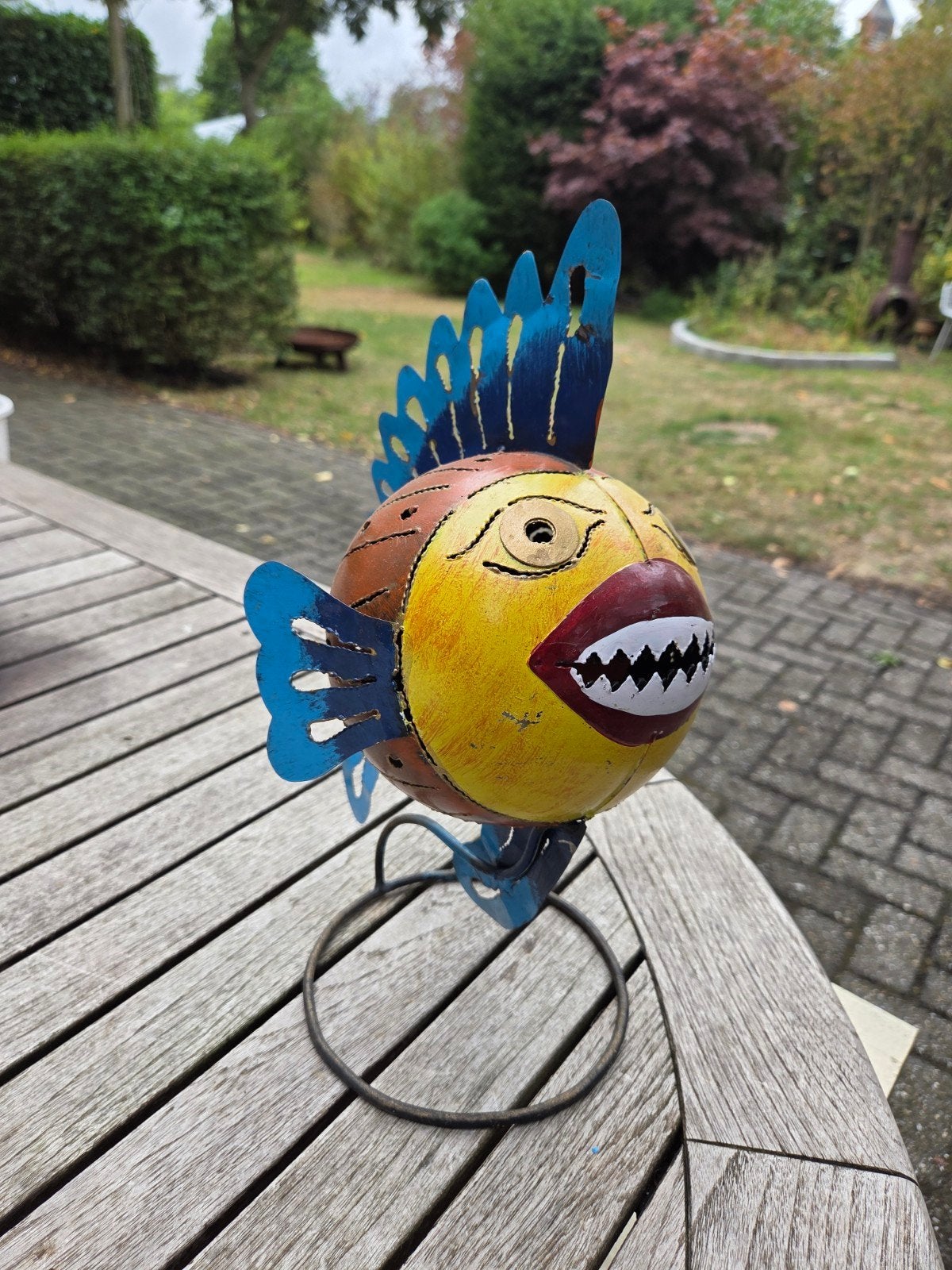 Metalen vis windlicht op standaard (33cm), Ophalen of Verzenden, Metaal, Windlicht, 33 cm