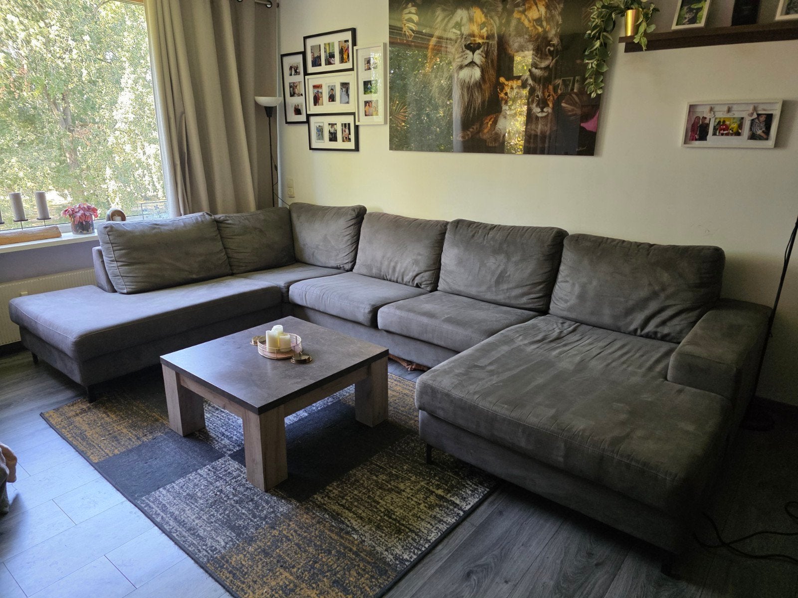 Grote donkergrijze hoekbank/U bank met lounge, 370 cm lang, Huis en Inrichting, Gebruikt, Hoekbank, 300 cm of meer, Ophalen of Verzenden