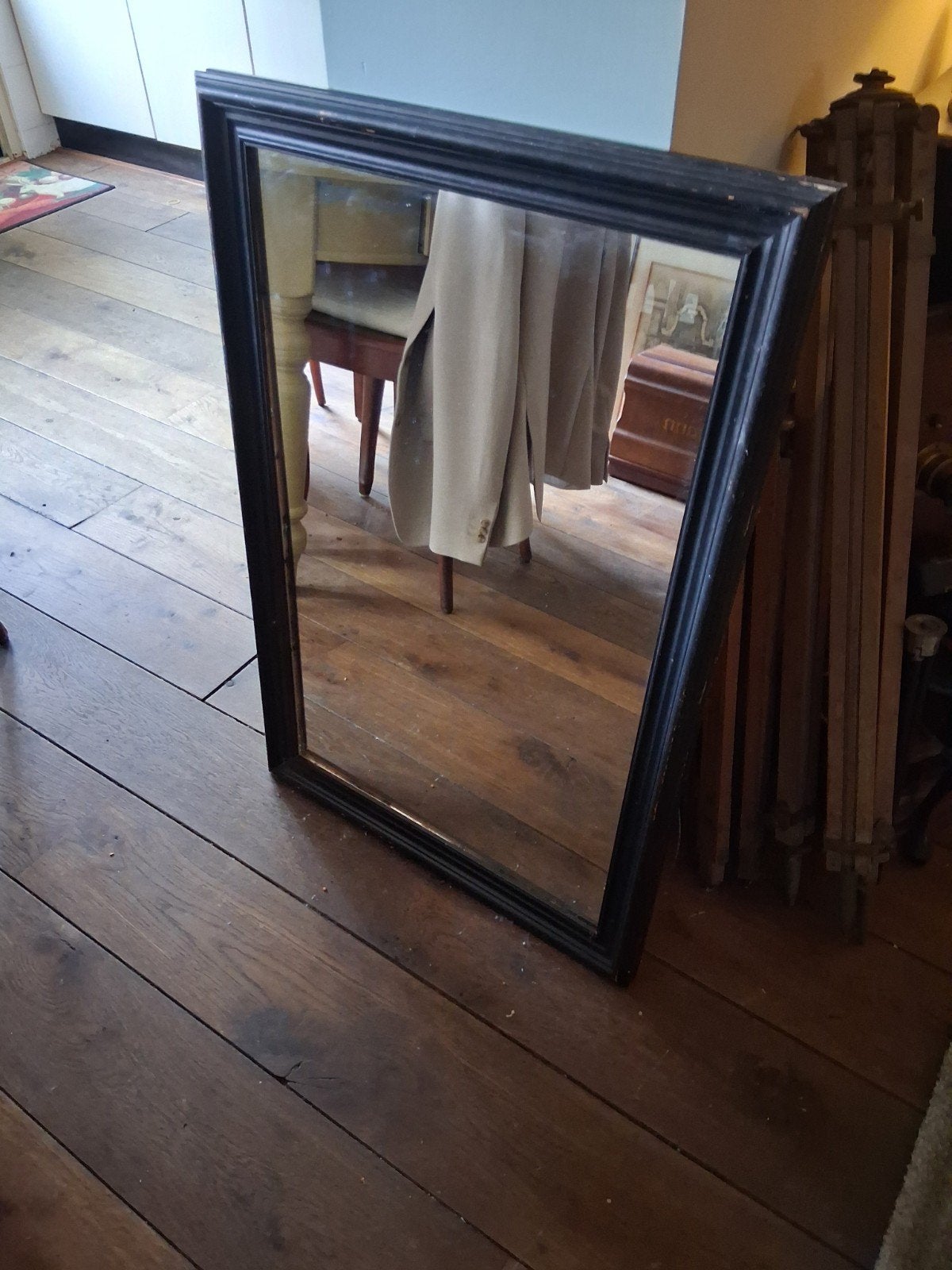 Grote zwarte spiegel met houten lijst, Ophalen, Rechthoekig