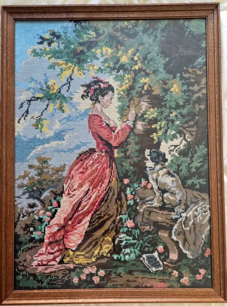 Geborduurd schilderij "Vrouw met hondje", Ophalen, Overige stijlen, Achter glas, Portret of Personen