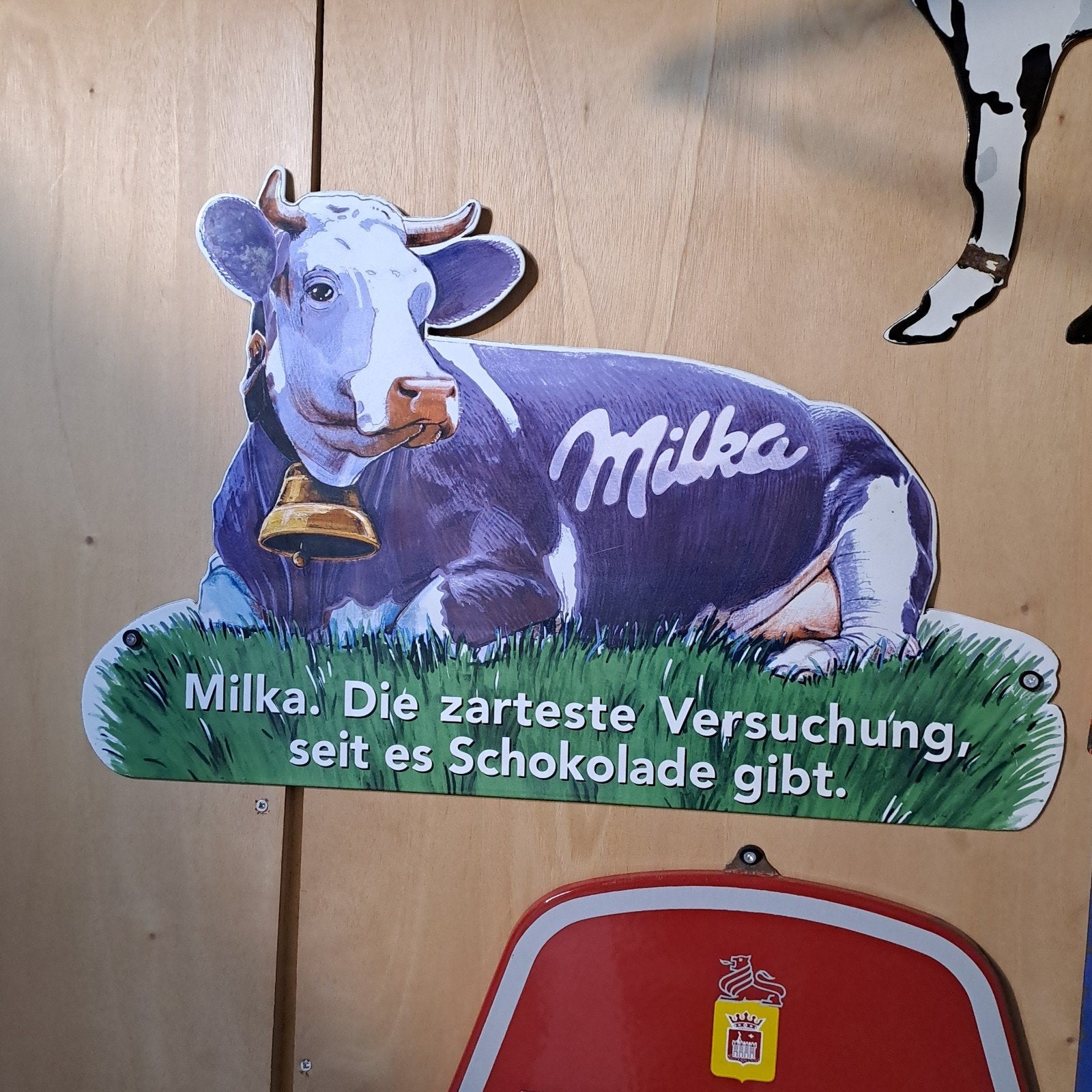 milka koe chocolade emaille reclamebord 60x37cm, Ophalen of Verzenden, Gebruikt, Reclamebord