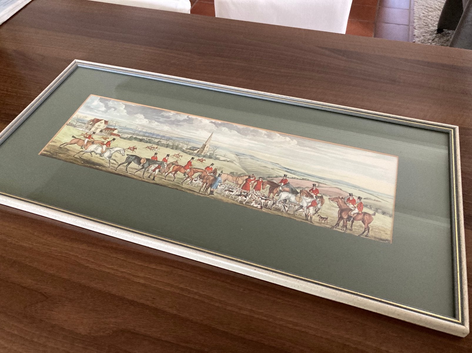 Engels jachttafereel met ruiters en honden, 50x15cm. Perfect, 50 cm, Ophalen of Verzenden, Gravure, 15 cm