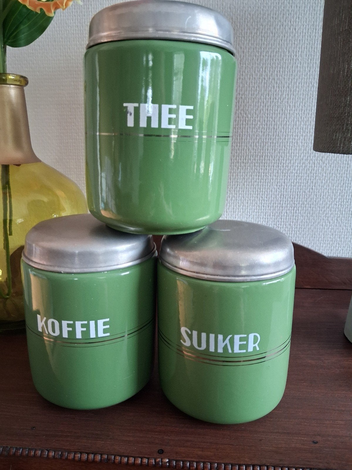 Vintage voorraadpotten KOFFIE SUIKER THEE - Groen emaille, Ophalen of Verzenden