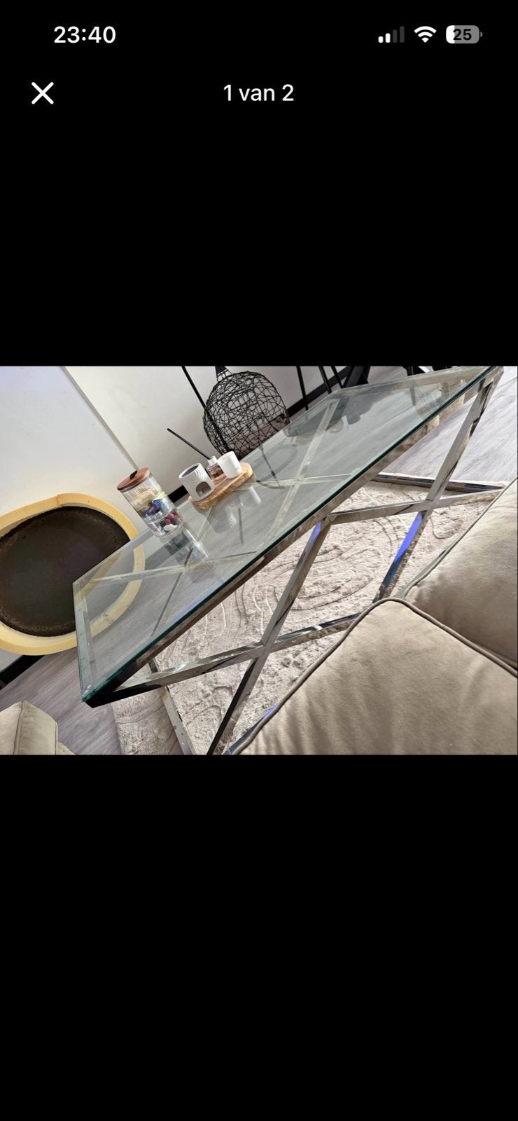 Moderne glazen salontafel met metalen onderstel, Gebruikt, 100 tot 150 cm, Glas, Minder dan 50 cm