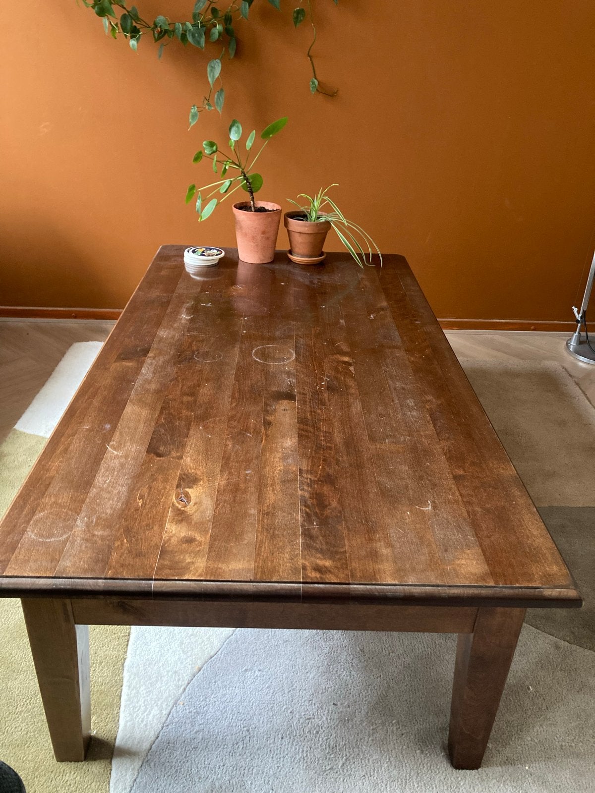 Robuuste vintage houten salontafel met lade, Ophalen, Gebruikt, 100 tot 150 cm, 50 tot 100 cm