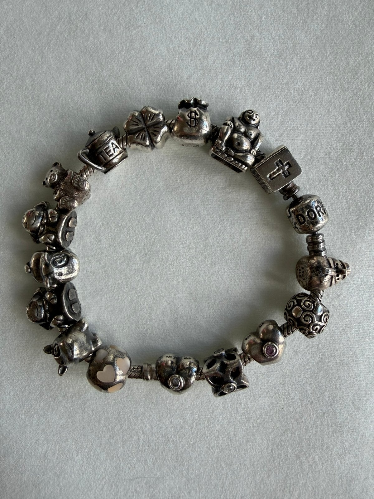 Originele Pandora Vintage Bedelarmband S925 ALE – 17 bedels, Ophalen of Verzenden, Zo goed als nieuw, Zilver