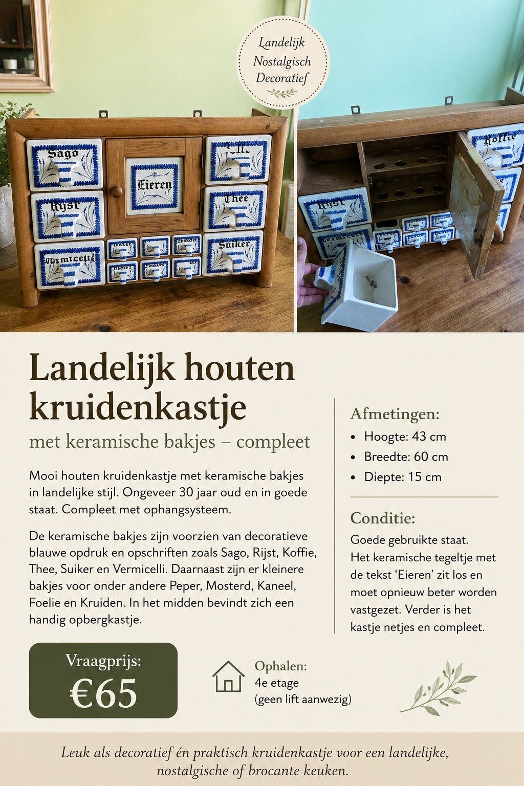 Landelijk houten kruidenkastje met keramische bakjes - comp, Ophalen