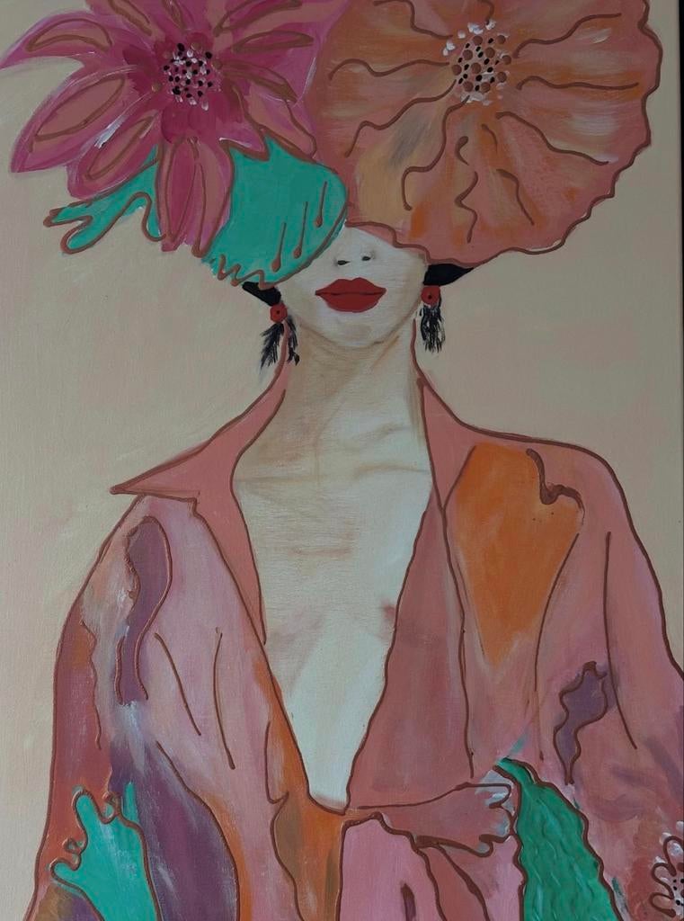 Schilderij met vrouw en bloemen, Ophalen of Verzenden