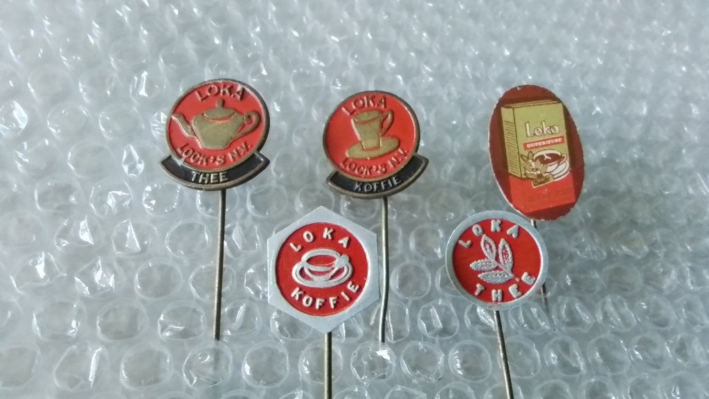 5 verschillende speldjes loka koffie en thee., Verzamelen, Speldjes, Pins en Buttons, Ophalen of Verzenden, Zo goed als nieuw