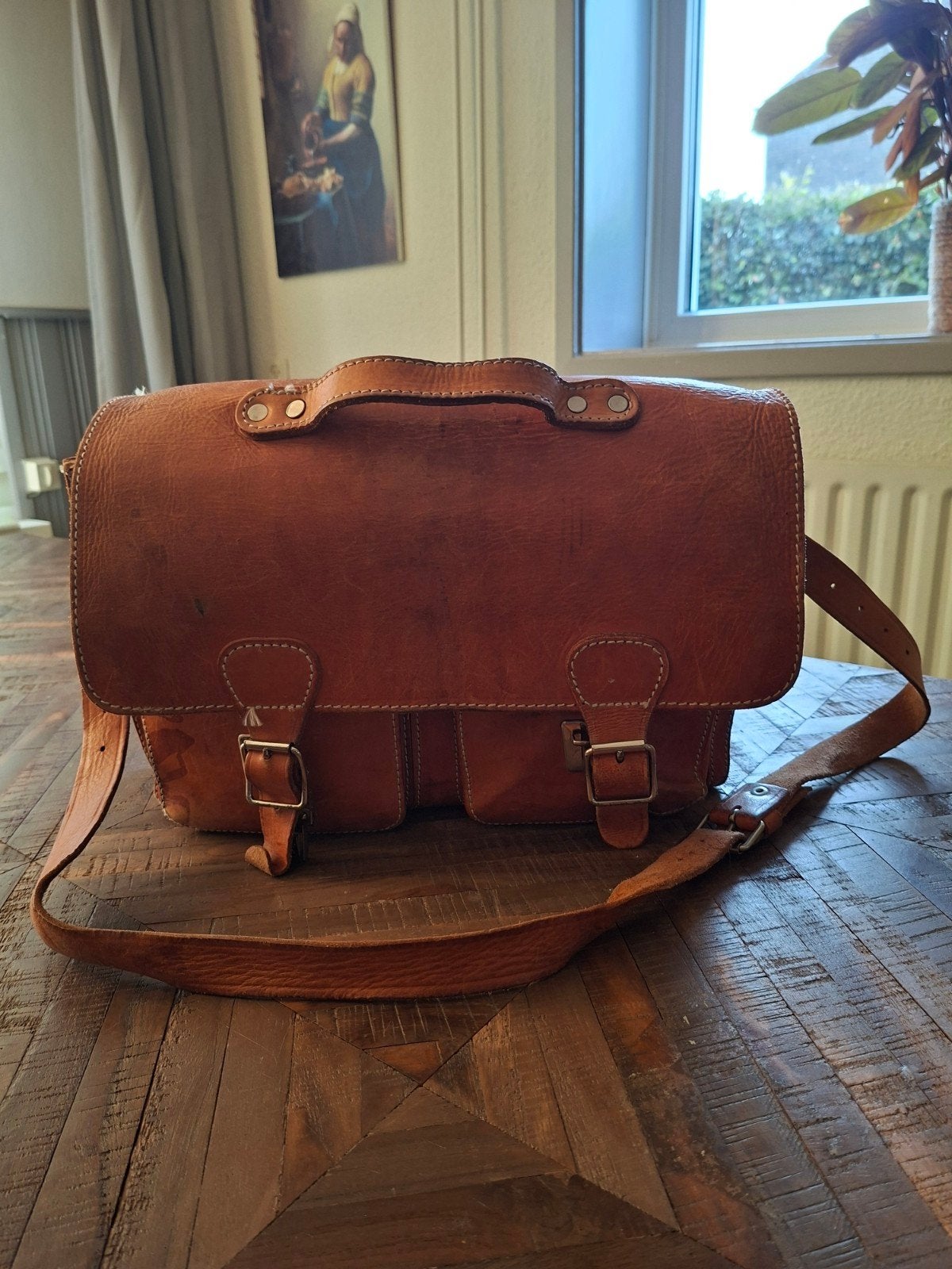 Vintage Leren Schoudertas / Aktetas / laptoptas - Gebruikt, Overige merken, 40 cm of meer, Gebruikt, Ophalen of Verzenden
