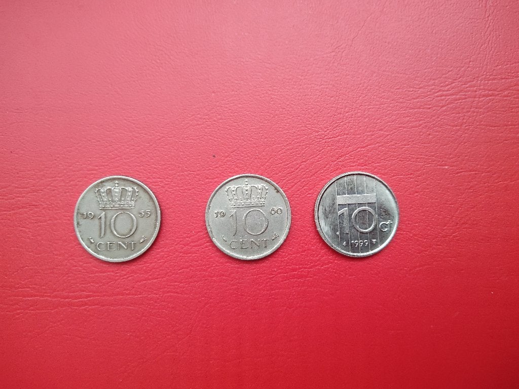 3x 10 cent (dubbeltje) uit 1955, 1960 en 1999, Ophalen of Verzenden, Koningin Juliana, 10 cent, Losse munt