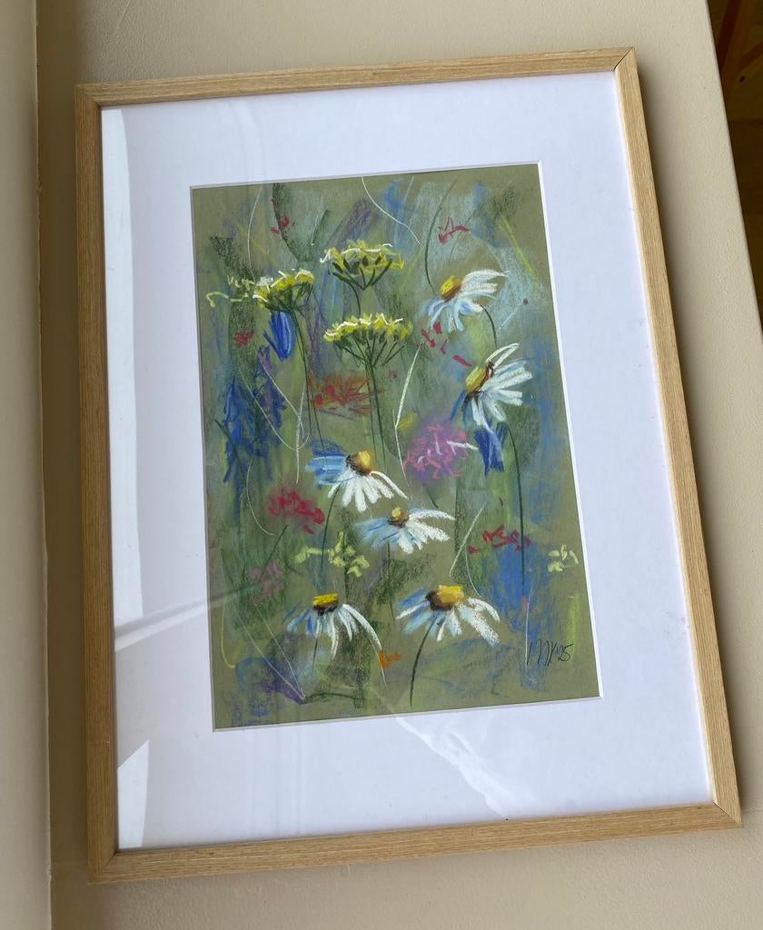 Origineel schilderij pastelkrijt lente houten lijst, Ophalen of Verzenden