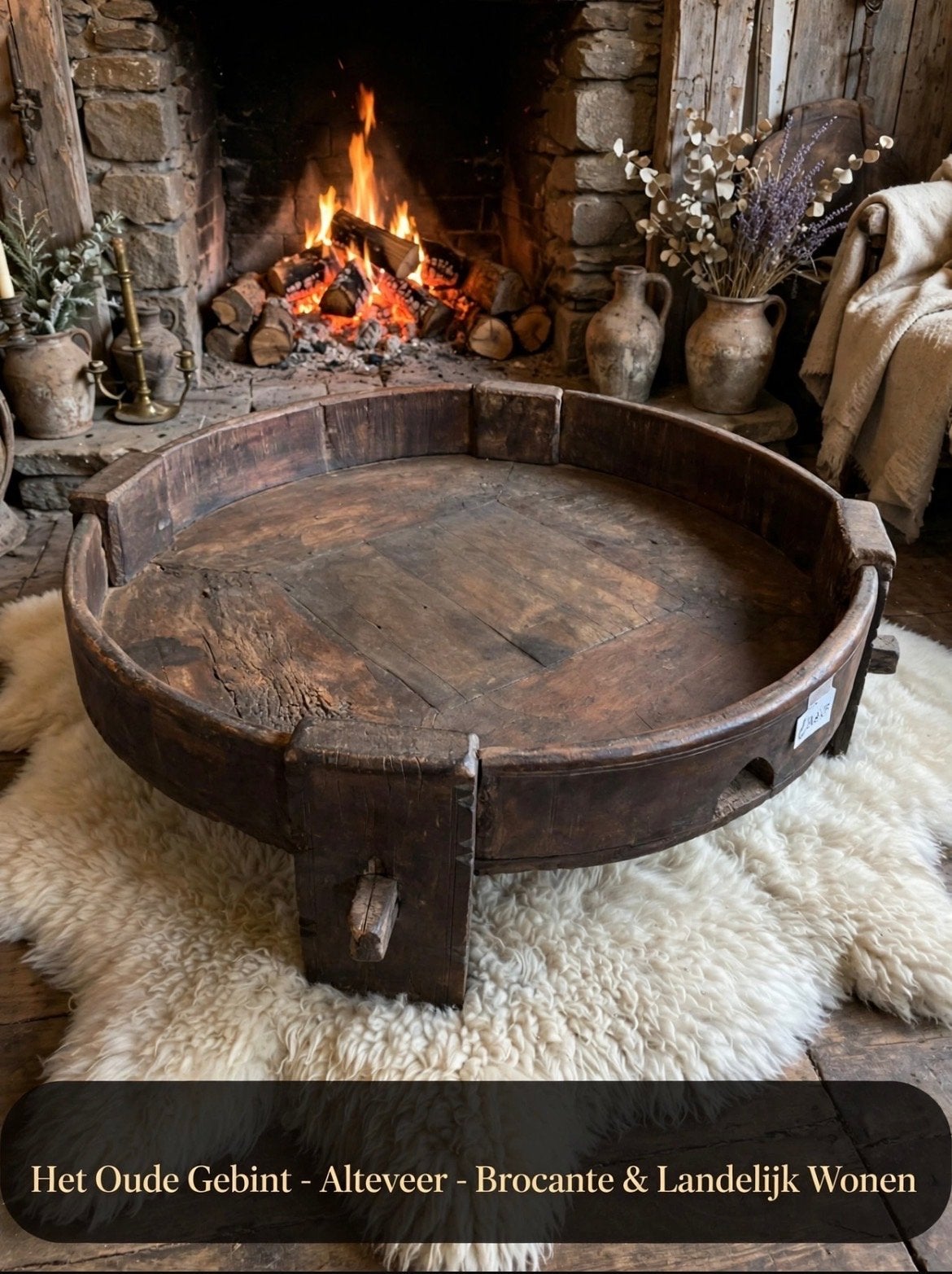 Oude Indiase Chakki tafel - Bijzettafel Landelijk, Huis en Inrichting, Ophalen, Gebruikt, Rond, 50 tot 100 cm