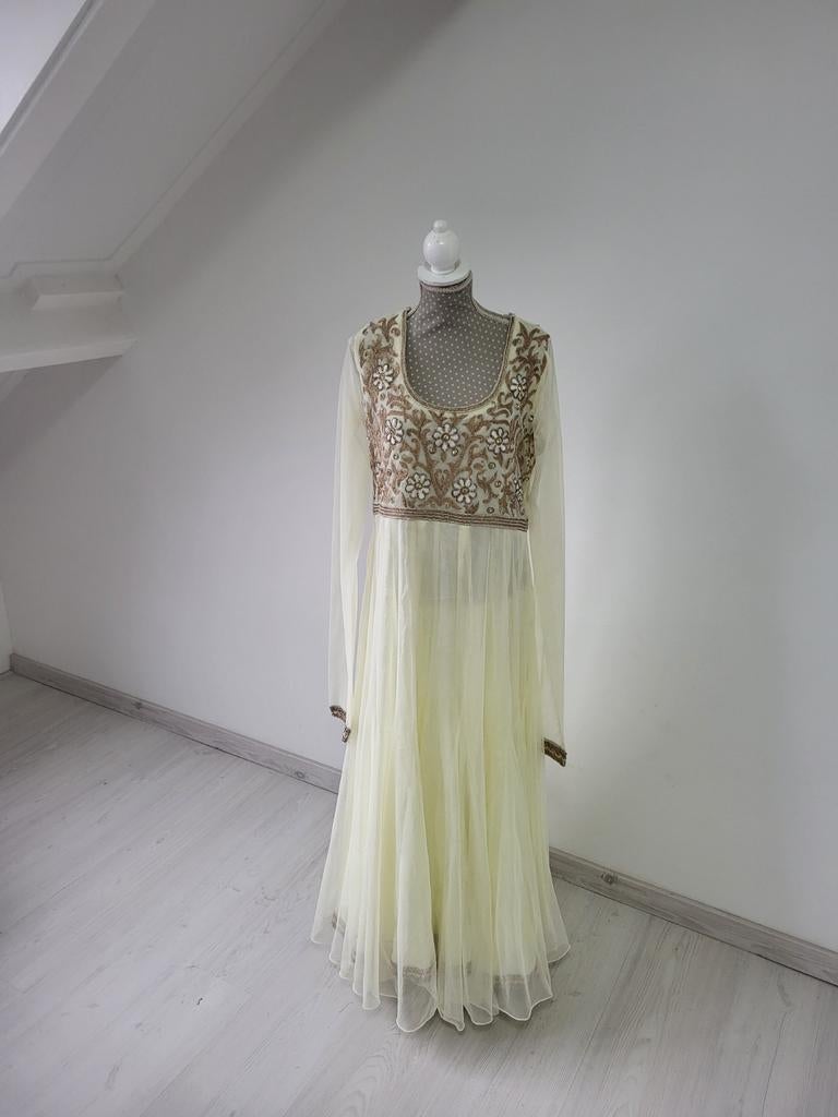 Prachtige Indiase Anarkali Jurk - Crème met Borduurwerk, Maat 38/40 (M), Beige, Ophalen of Verzenden, Onder de knie