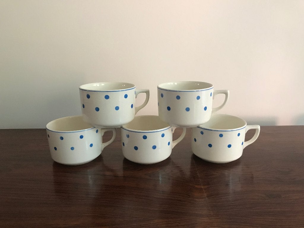 Set van 5 kopjes tasjes blauwe bolletjes stippen Granit, Antiek en Kunst, Ophalen of Verzenden