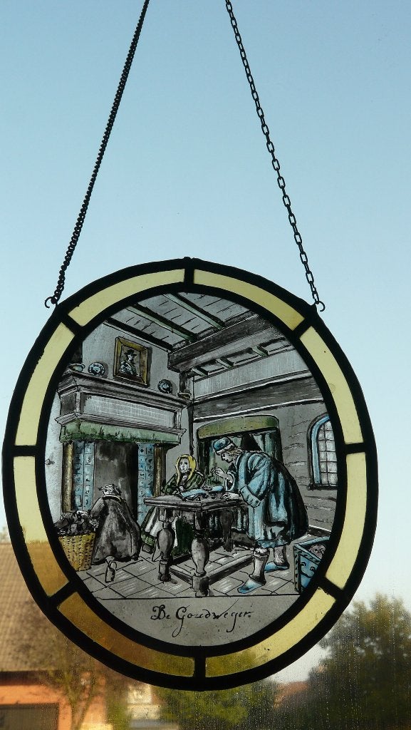 glas-in-loodraampje met voorstelling van de goudweger, Ophalen of Verzenden, Gebruikt