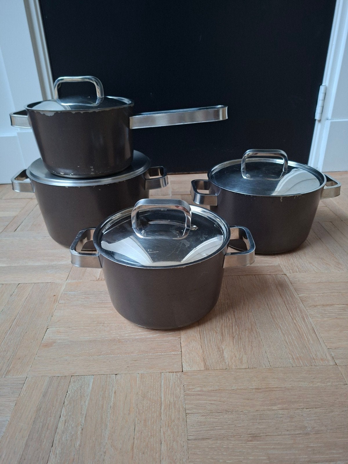 BK Pannenset met 4 kookpannen en deksels, Huis en Inrichting, Keuken | Potten en Pannen, Ophalen of Verzenden, Gebruikt, Rvs, Pannenset