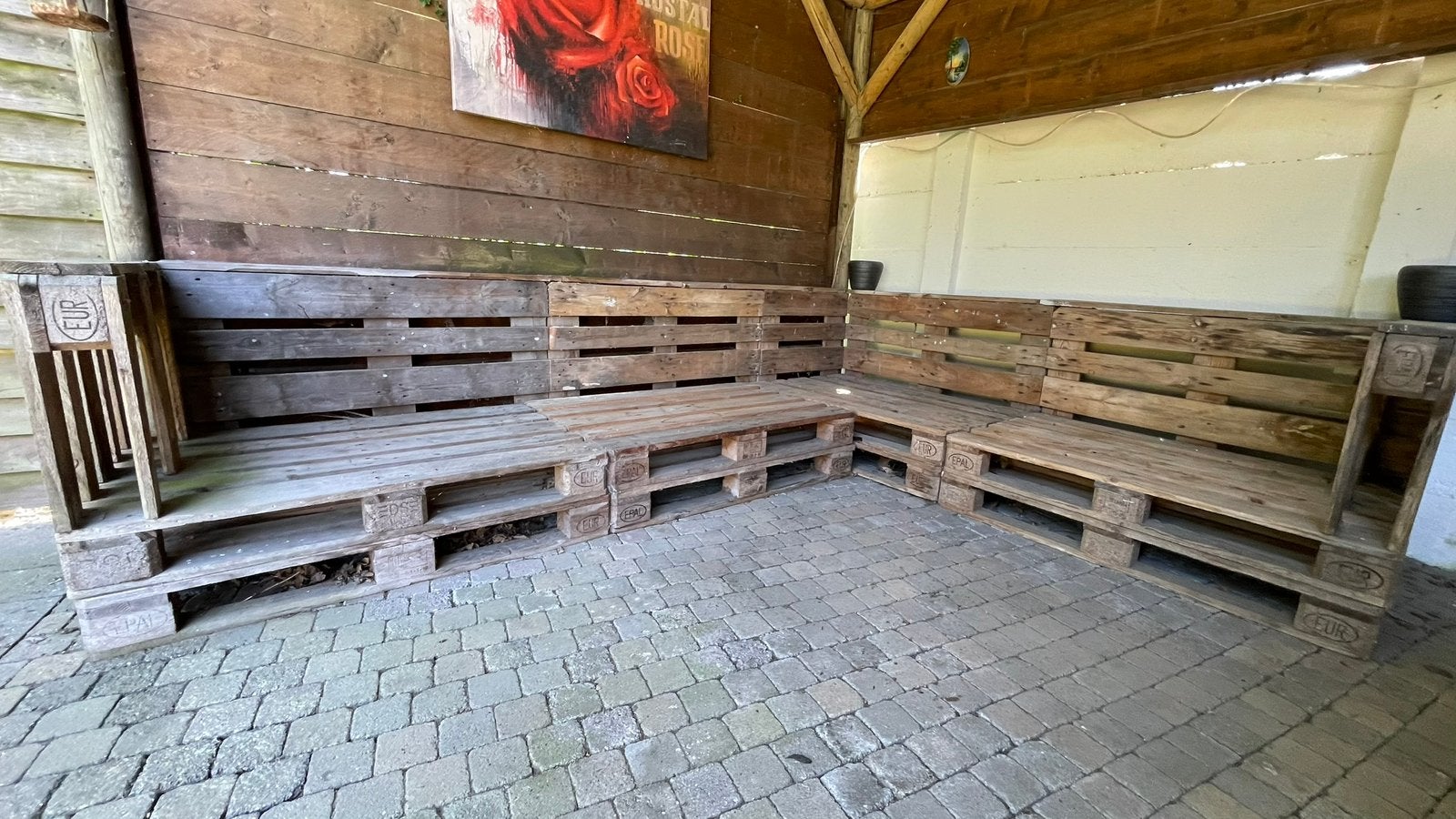 Gratis af te halen – Grote pallet loungeset / hoekbank, Ophalen, Gebruikt, Hout