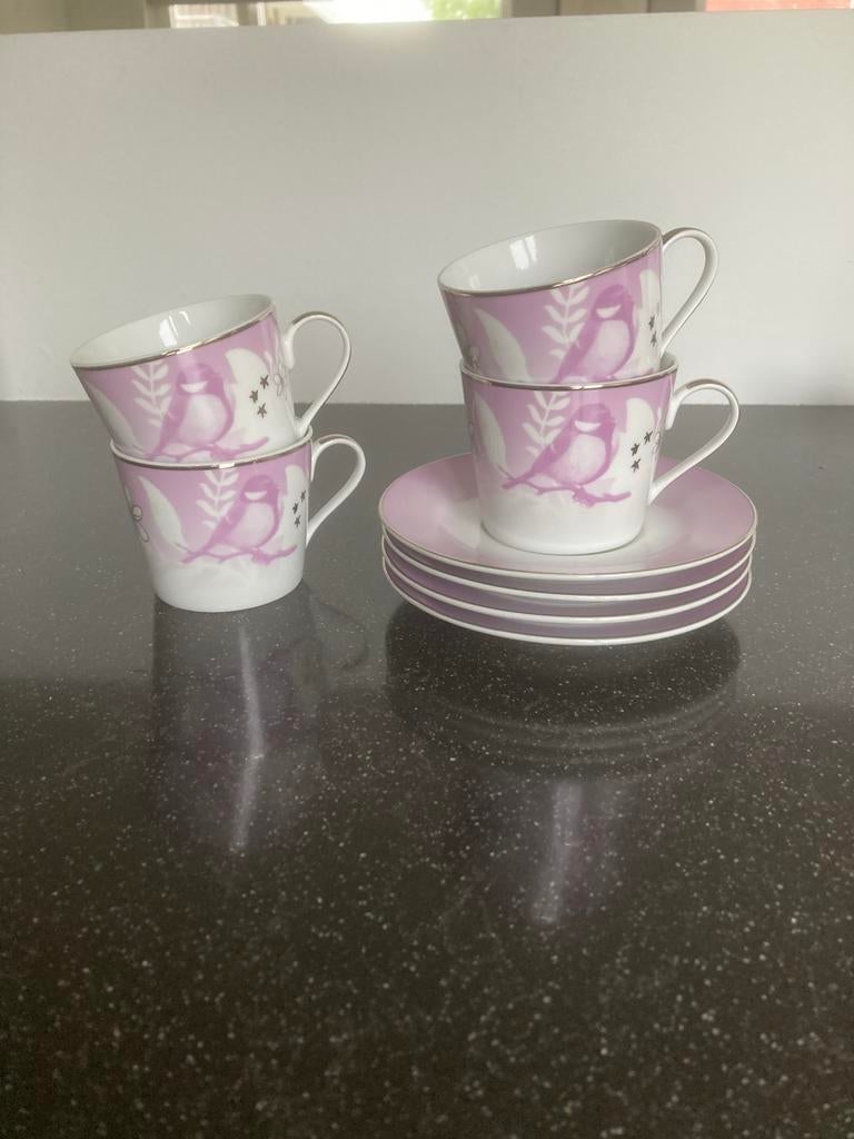 Vintage Lila Kop en Schotels met Vogel, Vlinder & Bloemen, Antiek en Kunst, Antiek | Servies los, Ophalen of Verzenden