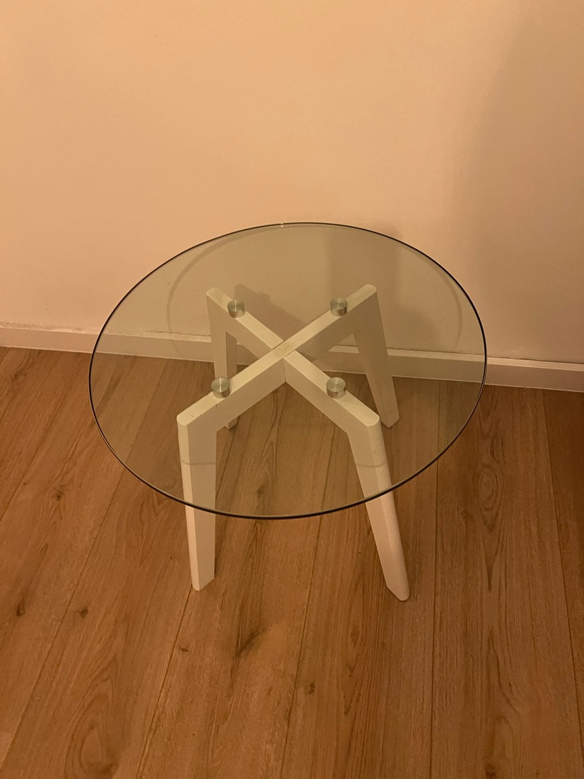 Glazen salontafel met wit onderstel, Minder dan 45 cm, Minder dan 55 cm, Gebruikt, Rond