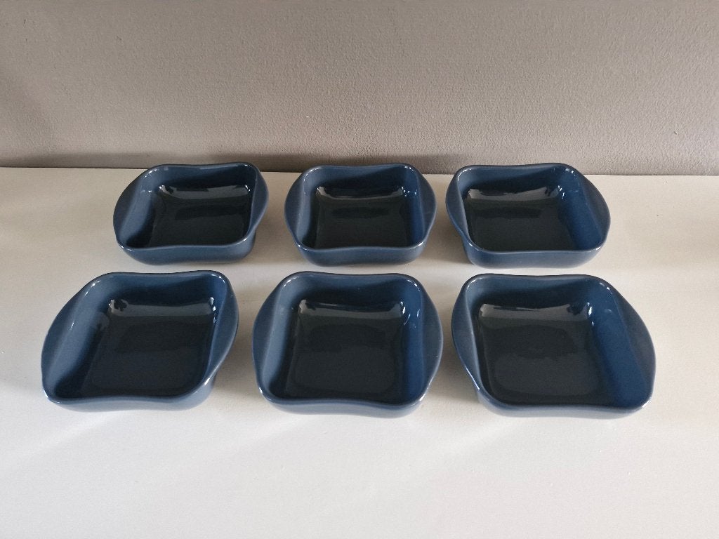 6 blauwgrijze rechthoekige aardewerken bakjes, Villeroy & Boch, Ophalen of Verzenden, Zo goed als nieuw, Kom(men)