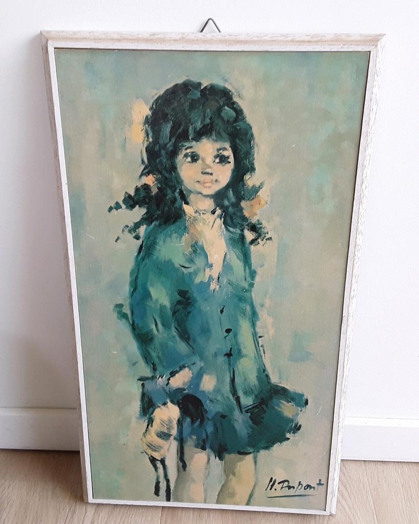 Vintage prent/schilderijtje van meisje met pop, Ophalen of Verzenden, Minder dan 50 cm, Schilderij, Minder dan 50 cm