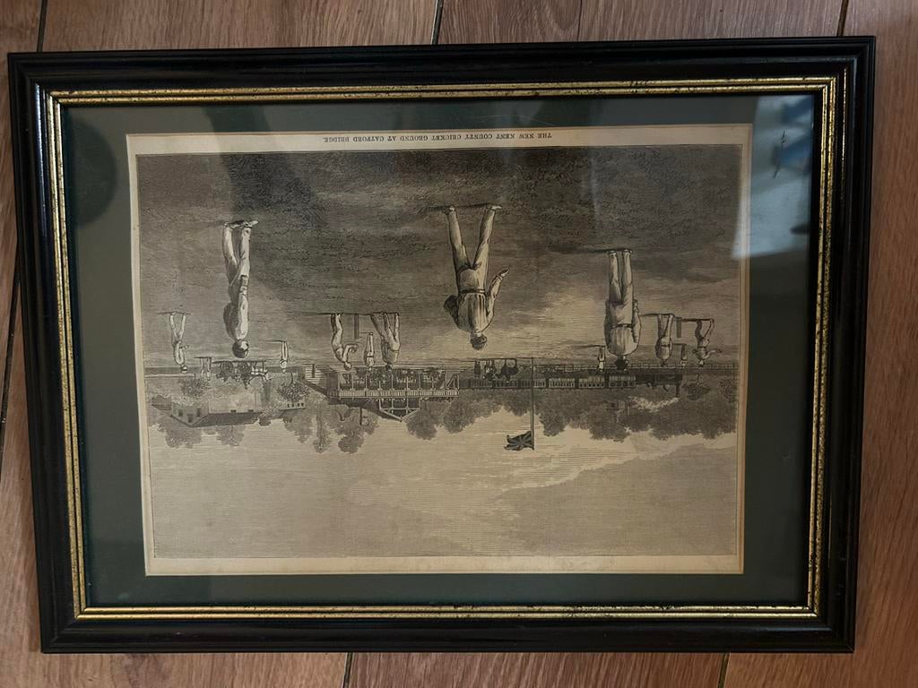 Oude prent van cricketveld in lijst, Antiek en Kunst, Ophalen