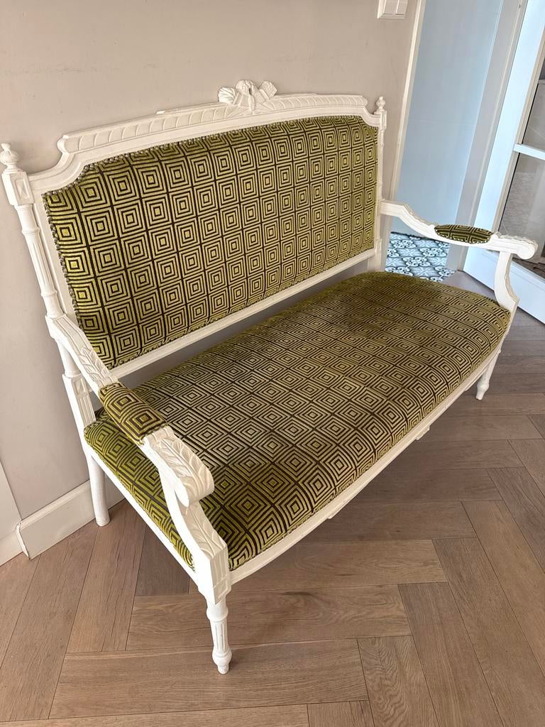 Koloniaal barok art deco bankje groen bruine bekleding, Huis en Inrichting, Ophalen, 150 tot 200 cm, Tweepersoons, 75 tot 100 cm
