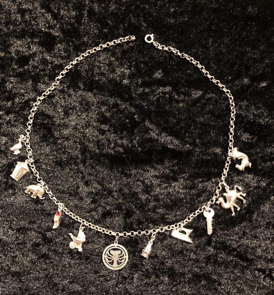 Vintage zilveren bedelketting, jaren 60, Sieraden, Tassen en Uiterlijk, Antieke sieraden, Ophalen of Verzenden, Zilver, Ketting