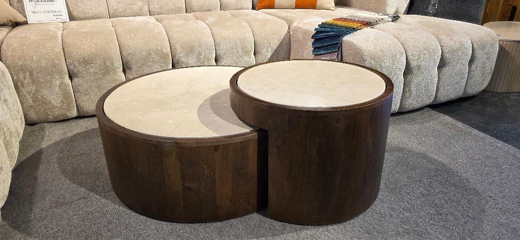 Salontafel set Rond mangobruin & Marmer Showmodel KORTING!, Ophalen, Overige materialen, 100 tot 150 cm, Bornsestraat 31
