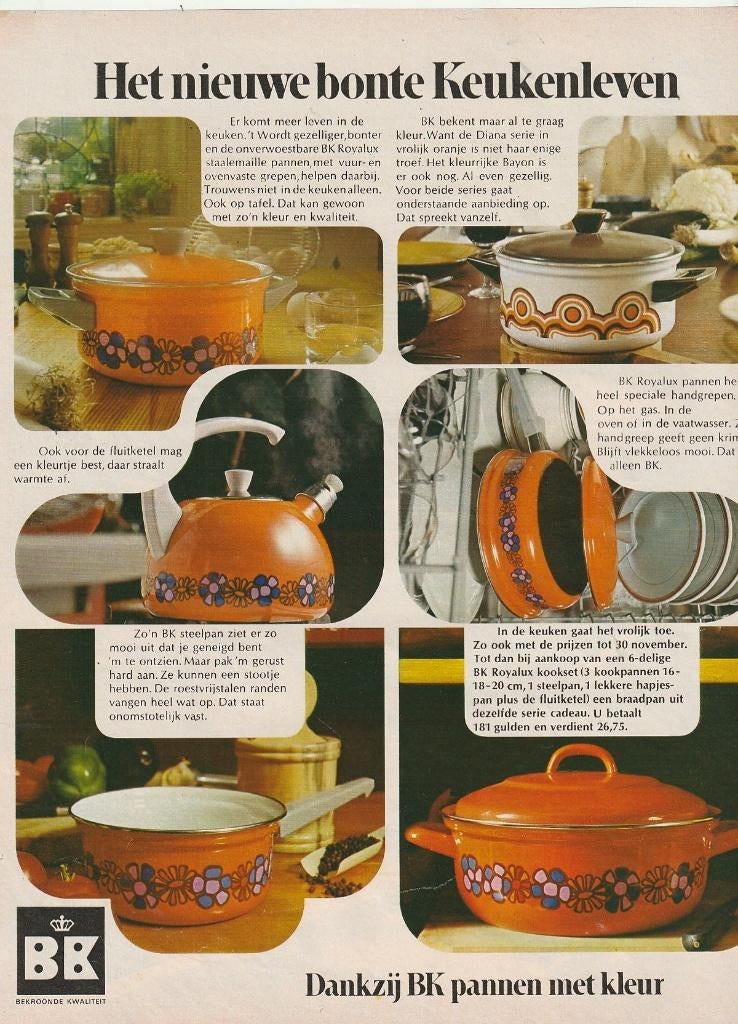 Retro reclame 1972 BK Kampen oranje pannen paars bloemen, Verzenden, Overige typen