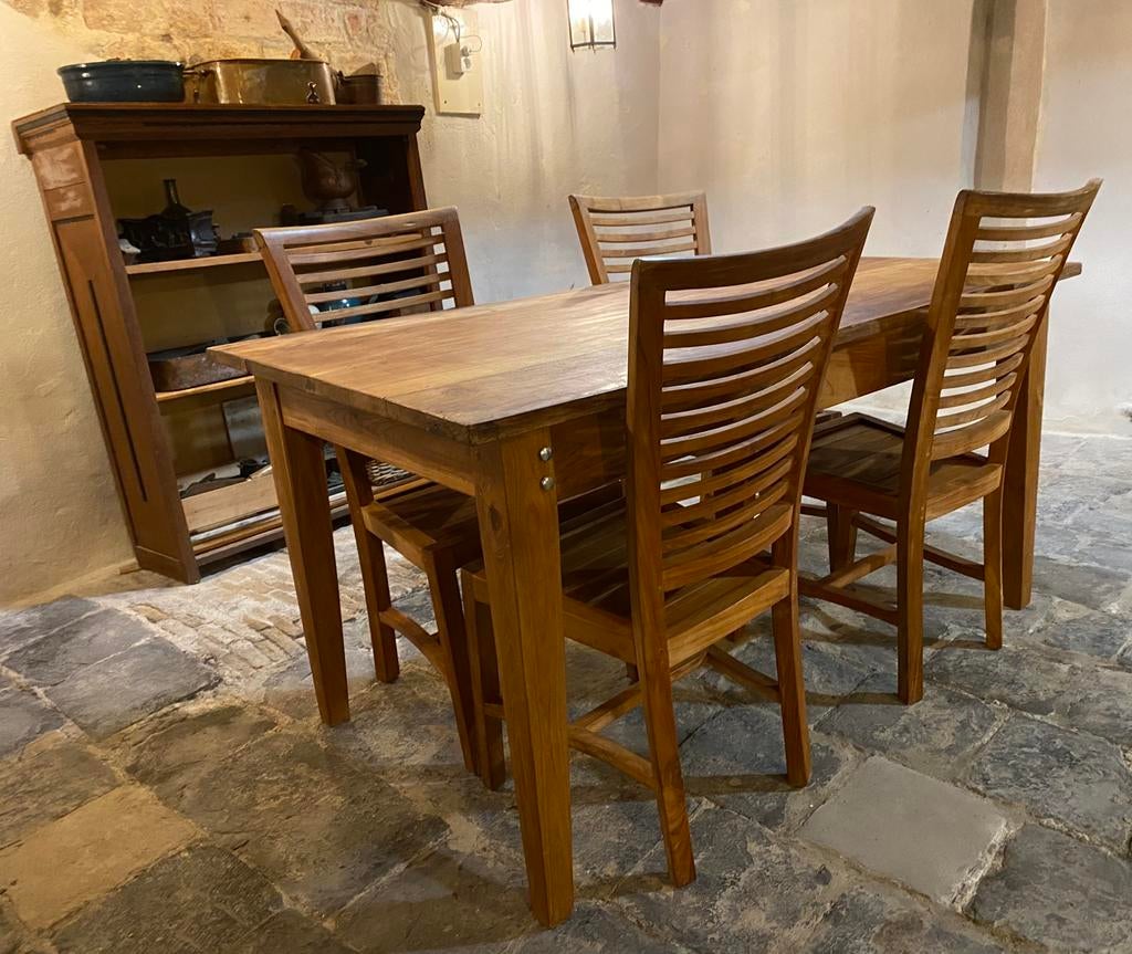 Solide eettafel met stoelen., Huis en Inrichting, Tafels | Eettafels, Ophalen, Gebruikt, Rustiek, Teakhout