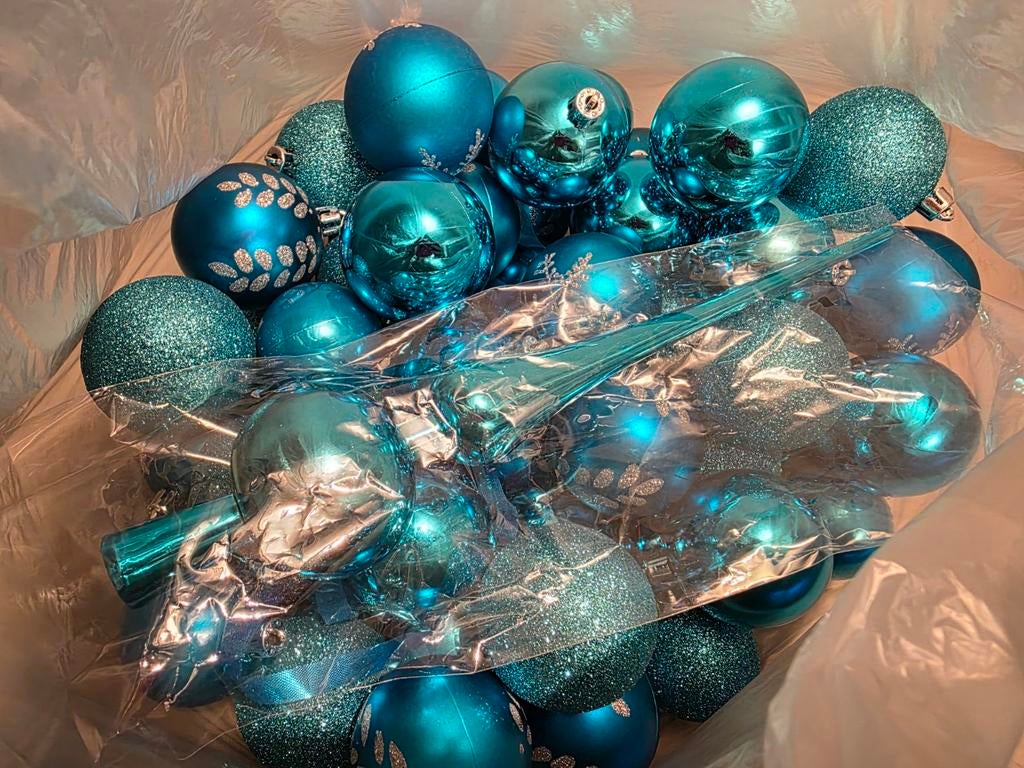 Blauwe kerstballen met piek (1x gebruikt), Diversen, Ophalen of Verzenden, Zo goed als nieuw