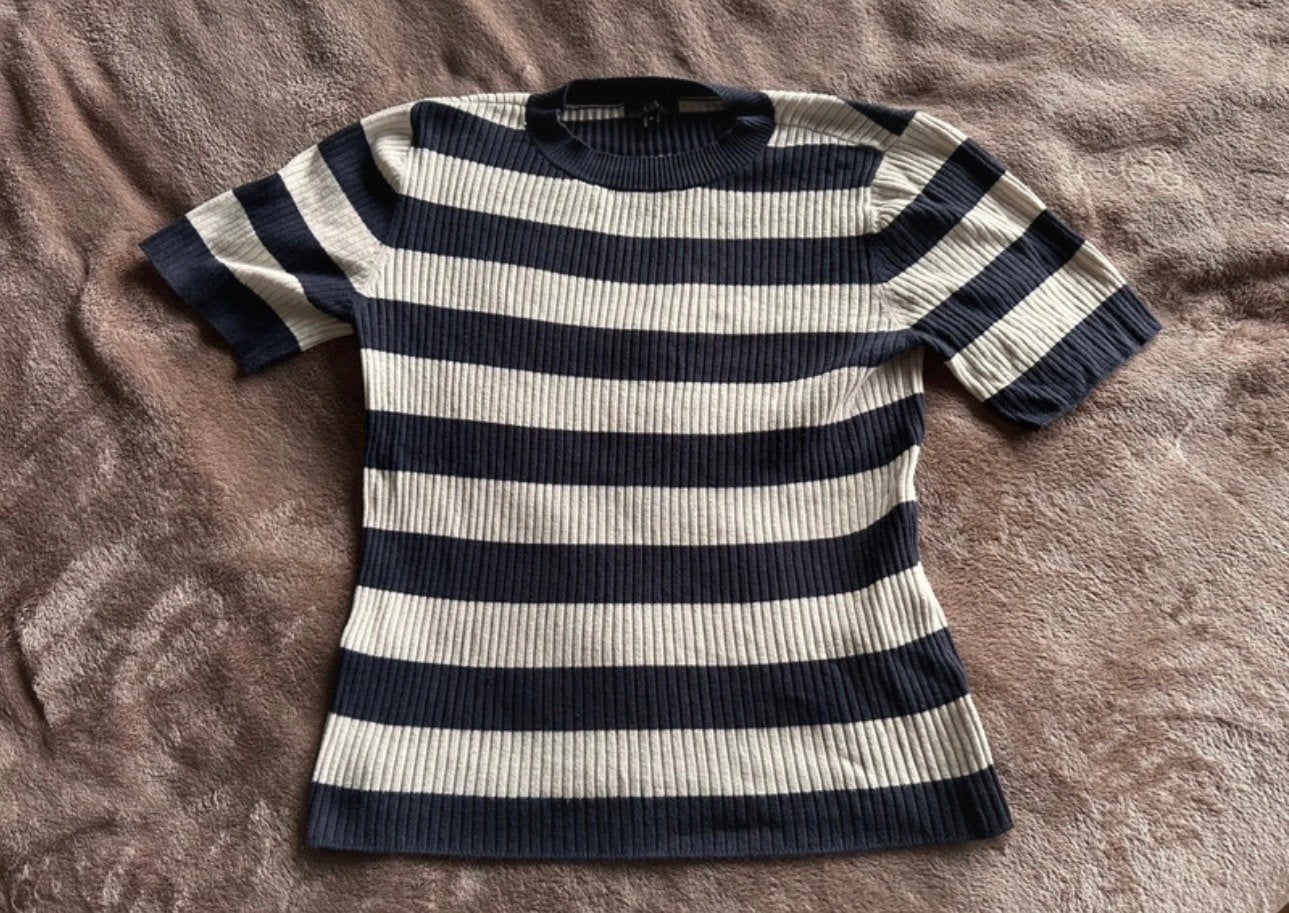 C&A gestreepte ribgebreide top met korte mouwen, Kleding | Dames, Maat 38/40 (M), Blauw, Ophalen of Verzenden, Zo goed als nieuw