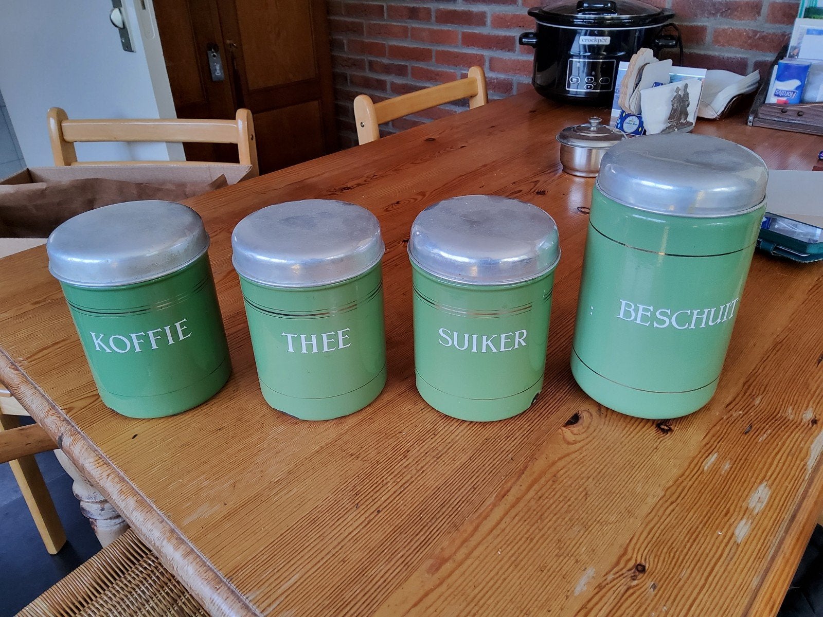 Vintage voorraadblikken (koffie, thee, suiker, beschuit), Antiek en Kunst, Ophalen of Verzenden