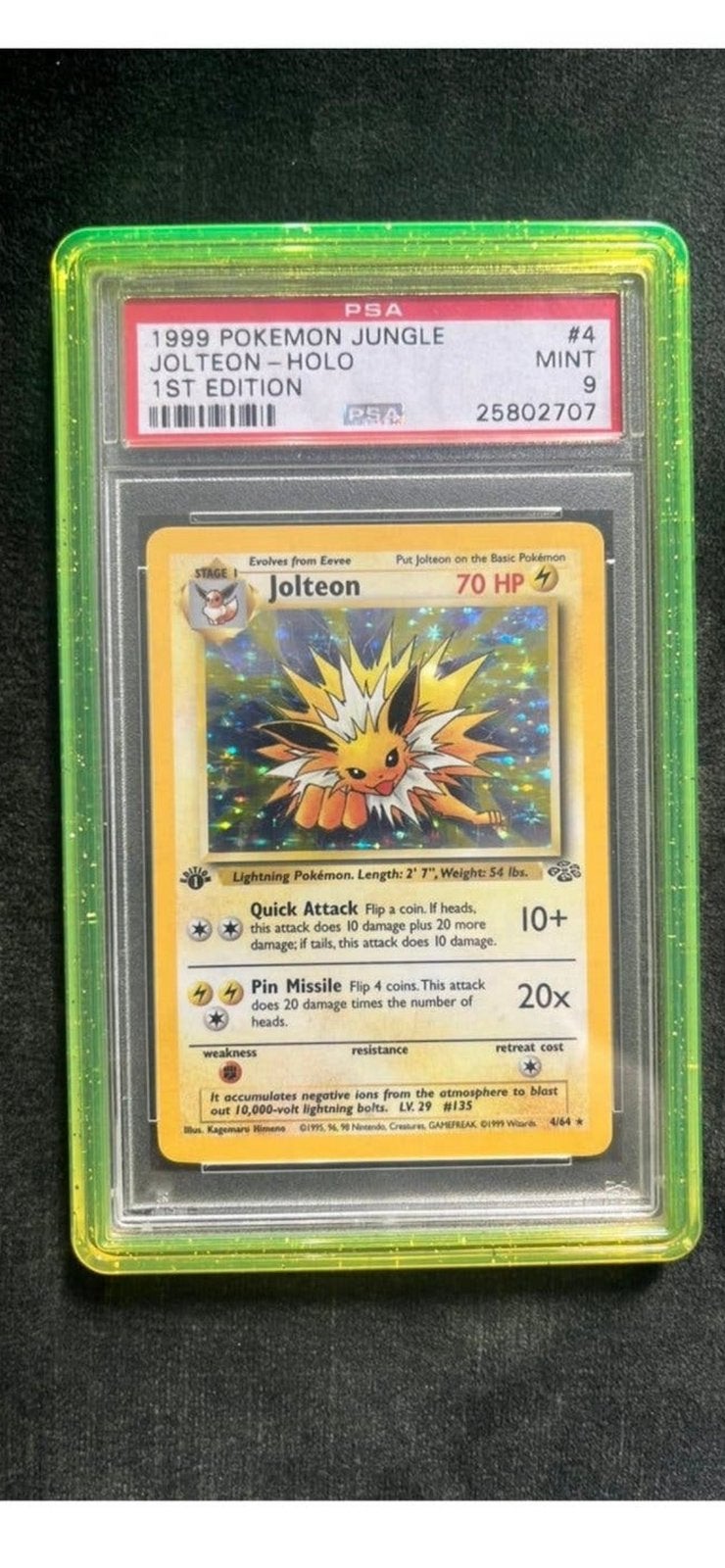 Jolteon Holo 1st Edition PSA 9 Mint Pokémon Jungle 1999, Ophalen, Zo goed als nieuw, Losse kaart, Foil