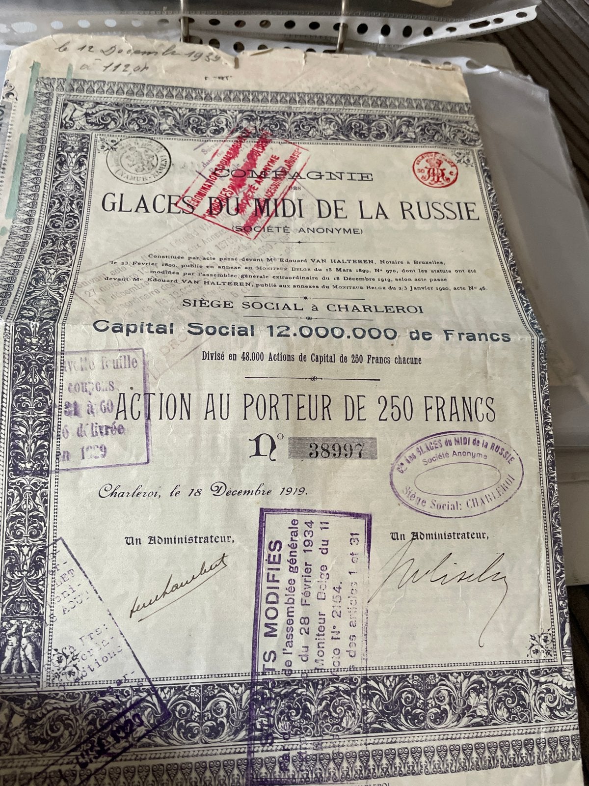 Historisch aandeel Glaces du Midi de la Russie 1919, Ophalen of Verzenden, Voor 1920, Aandeel