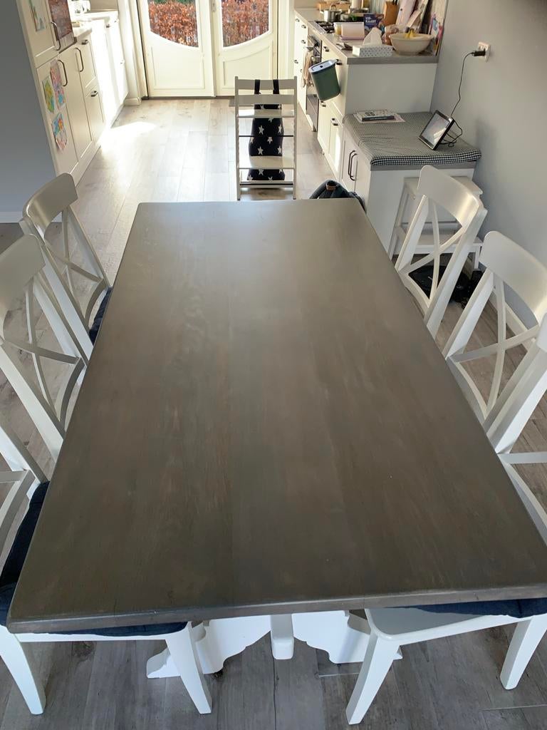 Robuuste eettafel met 6 stoelen - Landelijke stijl, Huis en Inrichting, Tafels | Eettafels, Ophalen, Gebruikt, 50 tot 100 cm, Vijf personen of meer