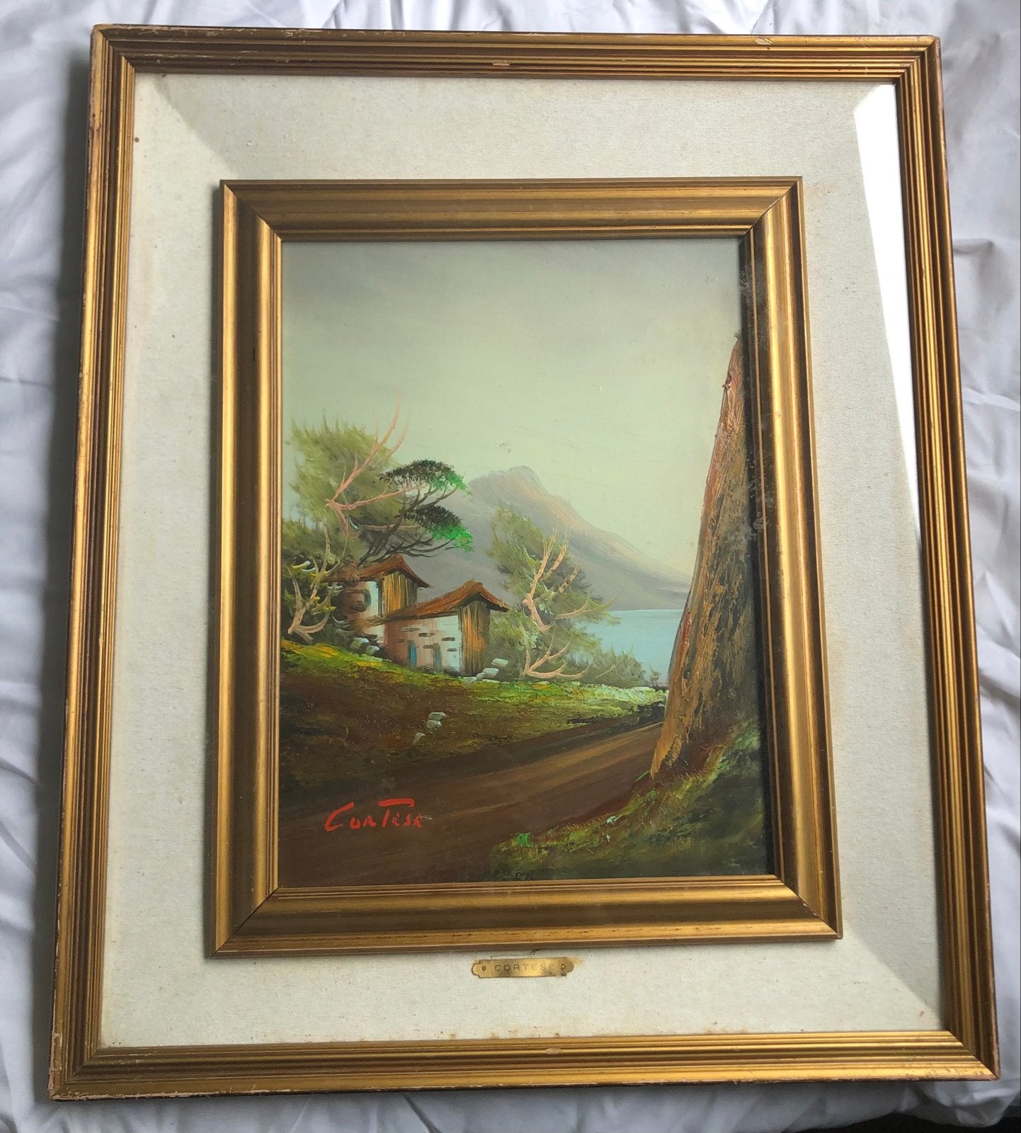 Schilderij Cortese - Landschap met huisjes en water, Ophalen, Doek, Realistisch, Gesigneerd